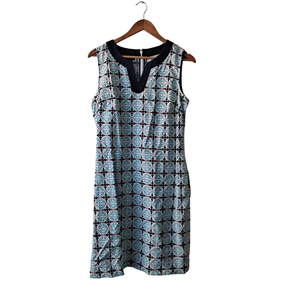 Talbots Linen Blend Sleeveless Shift Dress Geometric Teal Blue Womens Size 8
